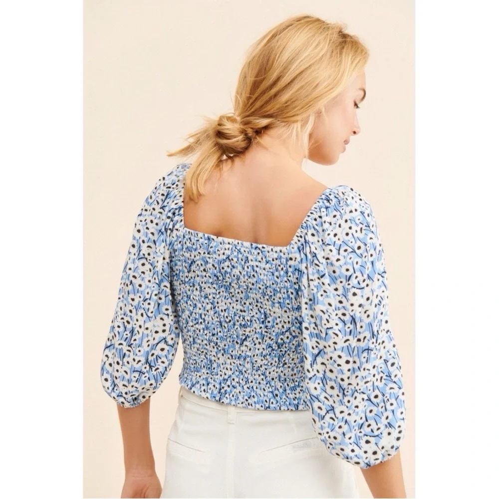 Anthropologie Hutch Cut-Out Puff Sleeve Blouse in Blue & White Floral‎